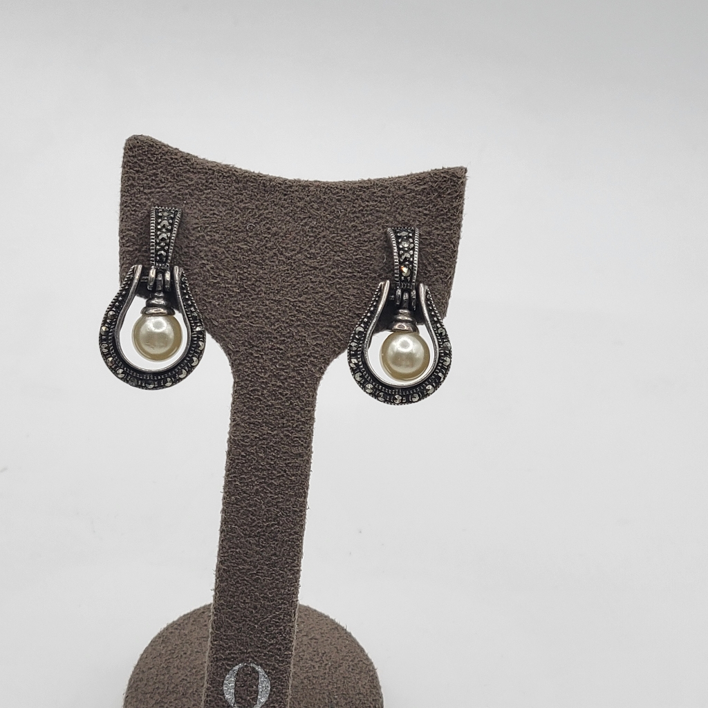 Vintage Sterling Silver Faux Pearl Marcasite Cw Dangle Earrings